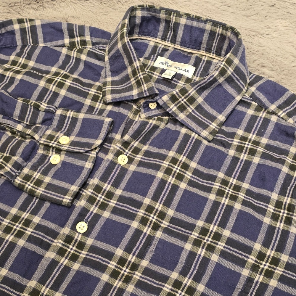 Peter Millar Mens Large Blue Green Plaid Cotton Button Down Shirt MF21W13USL